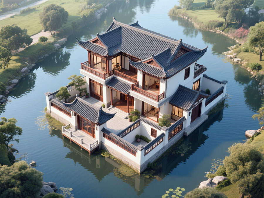 四周環(huán)水的一棟中式風(fēng)格的輕鋼別墅 四周環(huán)水的一棟中式風(fēng)格的輕鋼別墅
